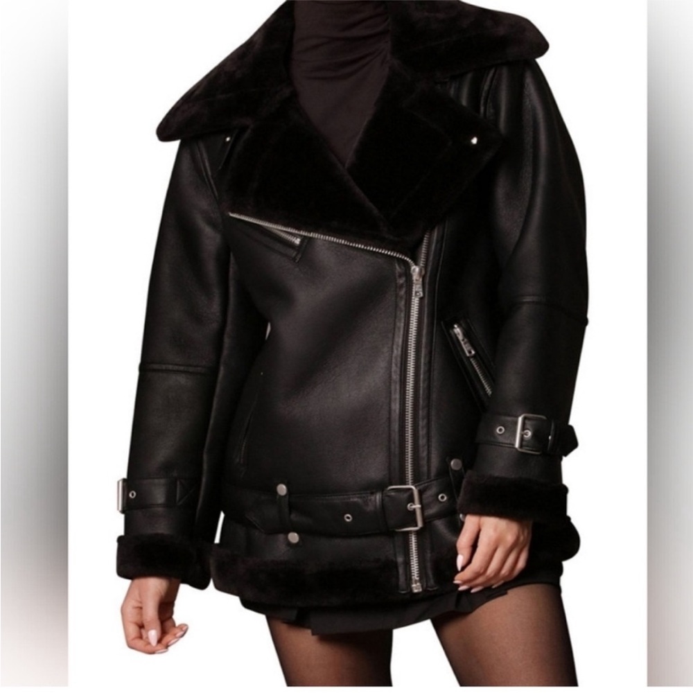Avec Les Filles Faux Leather Suede Biker Jacket Coat